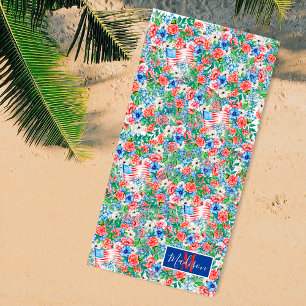 Serviette De Plage Fleurs Rouge Blanc Bleu Monogramme Nom 4 Juillet