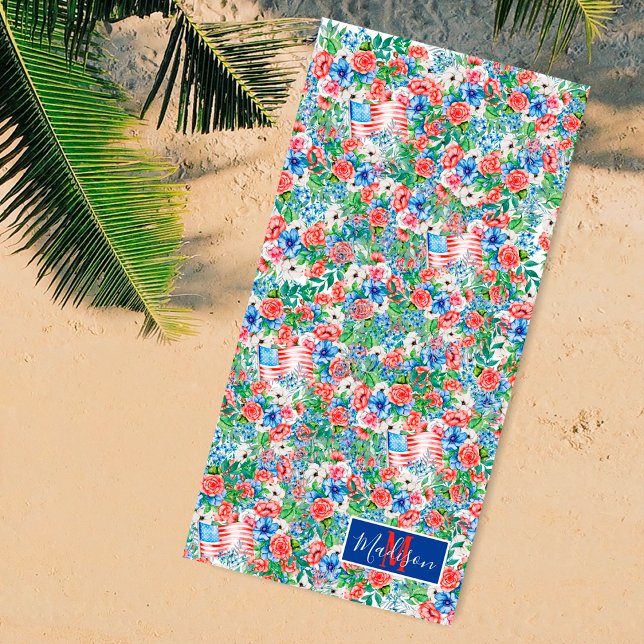 Serviette De Plage Fleurs Rouge Blanc Bleu Monogramme Nom 4 Juillet (Créateur téléchargé)