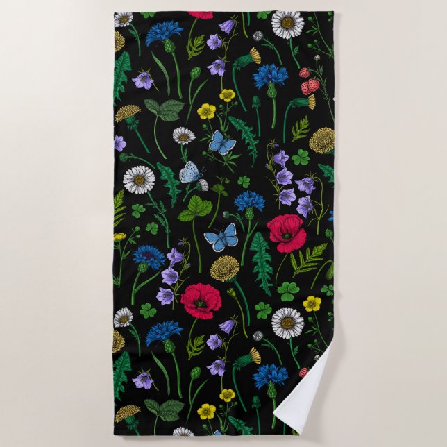 Serviette De Plage Fleurs sauvages en noir (Devant)