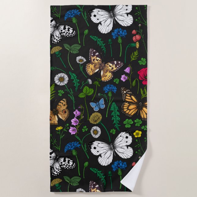Serviette De Plage Fleurs sauvages et papillons sur le noir (Devant)