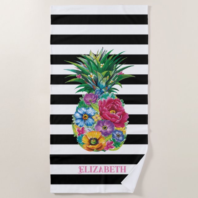Serviette De Plage Fleurs tropicales Ananas bandes noires (Devant)