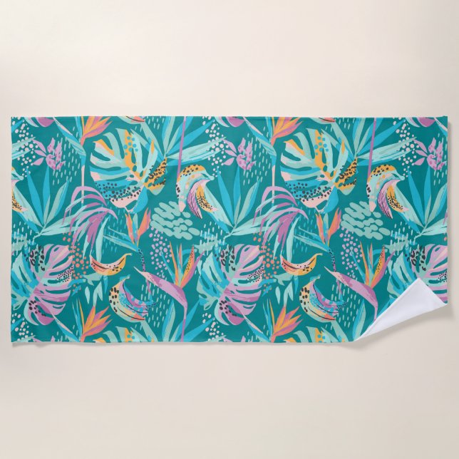 Serviette De Plage Fleurs tropicales colorées et motif feuille (Devant)