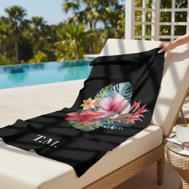 Serviette De Plage Fleurs tropicales monogrammées (Créateur téléchargé)