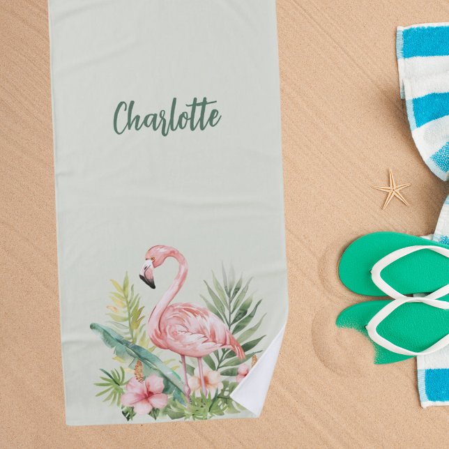Serviette De Plage Fleurs tropicales rose flamant sauge vert (Créateur téléchargé)
