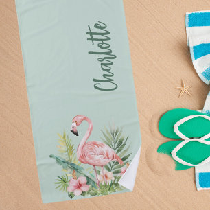 Serviette De Plage Fleurs tropicales rose flamant sauge vert