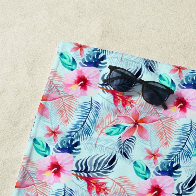 Serviette De Plage Fleurs tropicales roses (En situation)