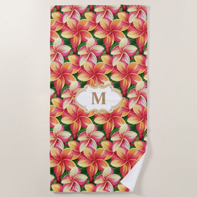 Serviette De Plage Fleurs tropicales roses monogrammées sur fond vert (Devant)