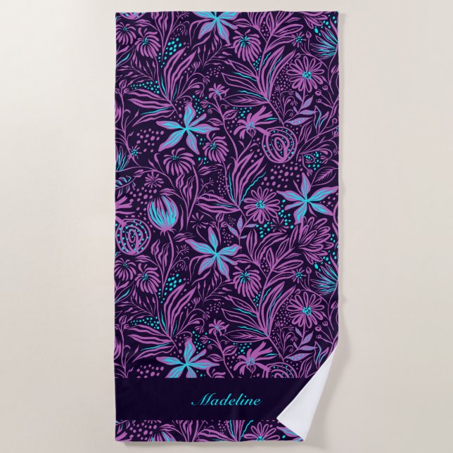 Serviette De Plage Fleurs tropicales violettes et bleues| Personnalis (Devant)