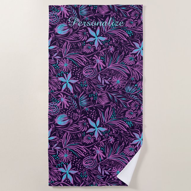 Serviette De Plage Fleurs tropicales violettes et Turquoises Personna (Devant)