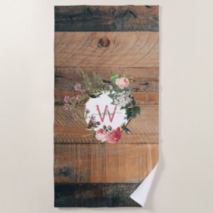 Serviette De Plage Fleurs Vintages en bois rustique monogrammé