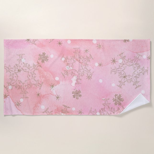 Serviette De Plage Flocons de neige de Noël rose motif boho (Devant)