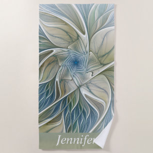 Serviette De Plage Floral Dream Motif Art Abstrait Blue Khaki Nom