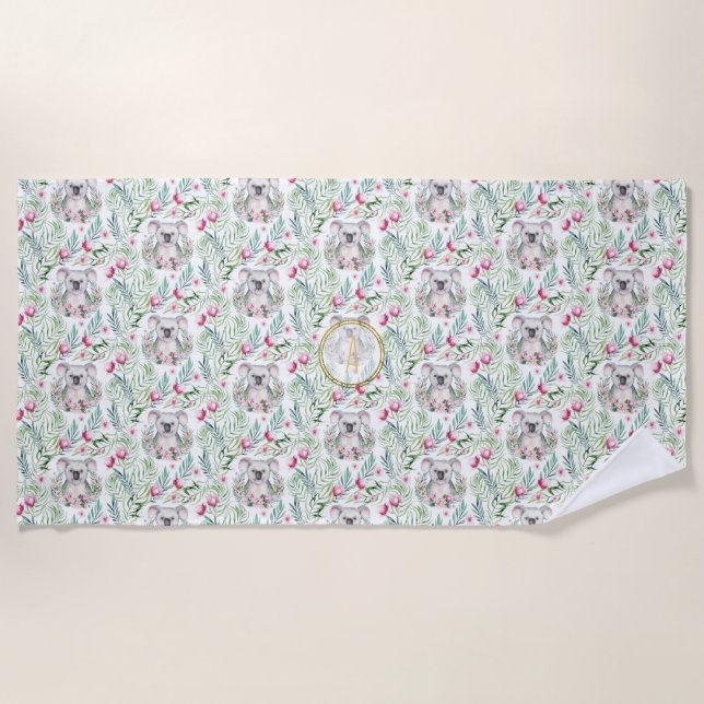 Serviette De Plage Floral KOALA OURS Monogramme Filles Pièce à couche (Devant)
