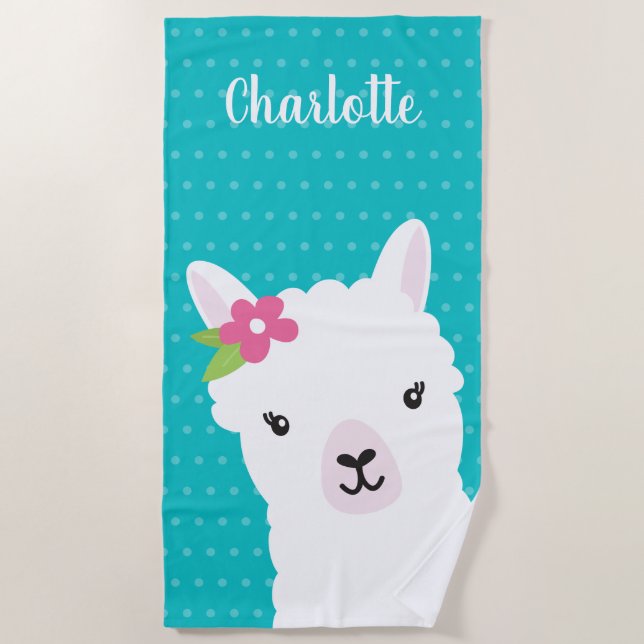 Serviette De Plage Floral Llama Alpaca Enfants Turquoises personnalis (Devant)