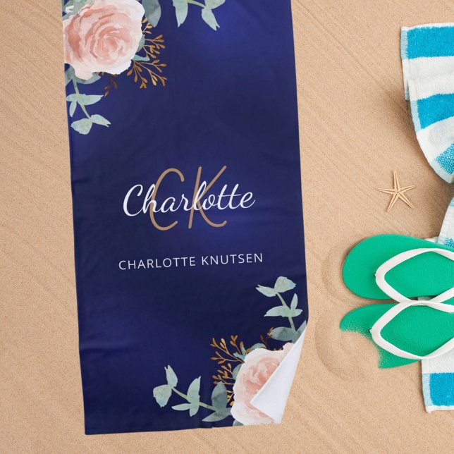Serviette De Plage Floraux d'or bleu rose de la marine initiales mono (Créateur téléchargé)