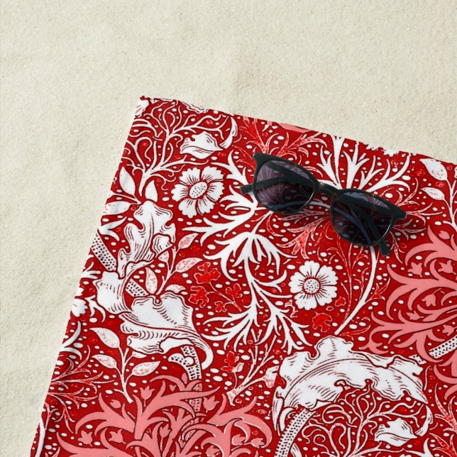 Serviette De Plage Flore d'algues Art nouveau, corail rouge et blanc (En situation)