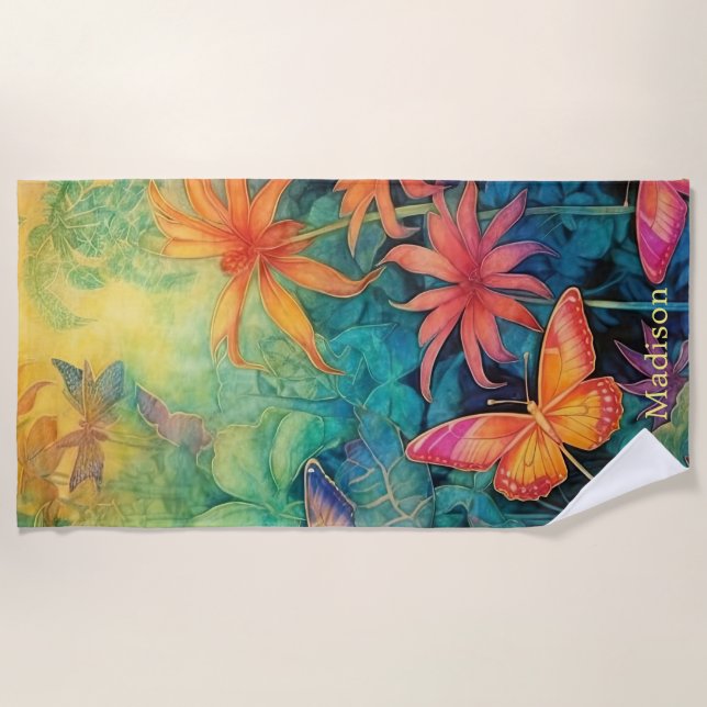 Serviette De Plage Flore D'Aquarelle Batik Vibrante Avec Papillons (Devant)