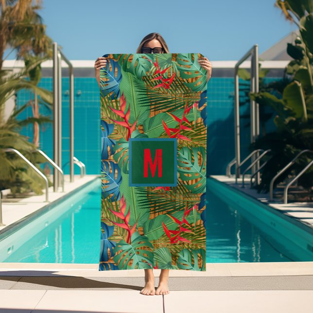 Serviette De Plage Flore tropicale monogramme sur l'impression en osi (Monogrammed Tropical Floral on Wicker Print Beach Towel (white on reverse side))