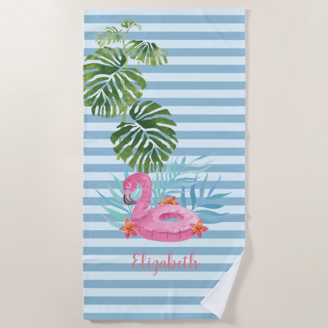 Serviette De Plage Flotteur de piscine tropical rayé flamant rose (Devant)