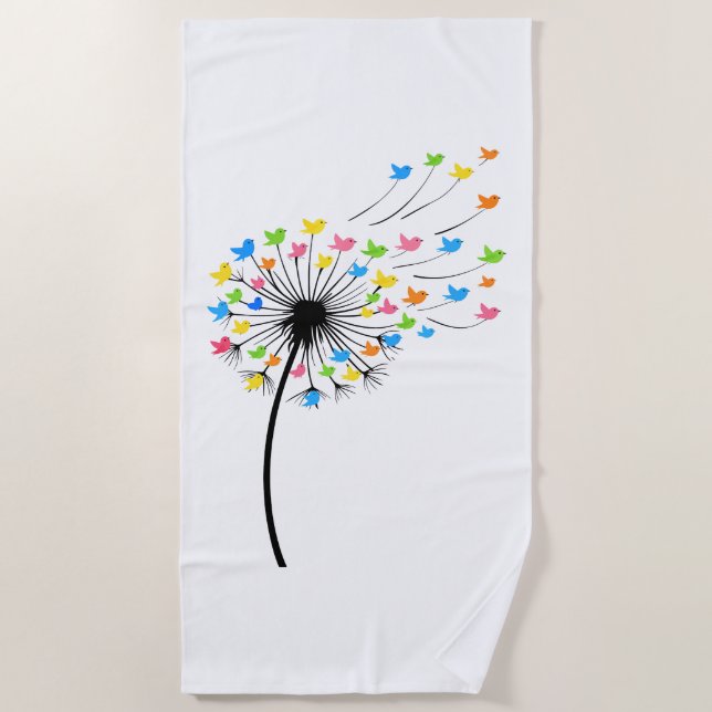 Serviette De Plage Flying colorful birds dandelion flow (Devant)