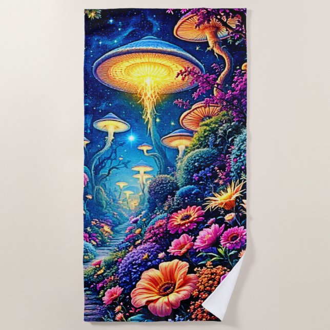 Serviette De Plage Forêt de fleurs mystiques sous les étoiles (Devant)
