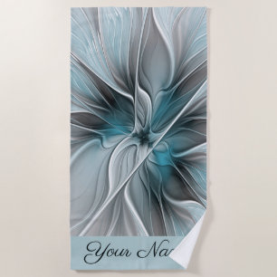 Serviette De Plage Fractal Floral Moderne Abstrait Fleur Bleu Gris