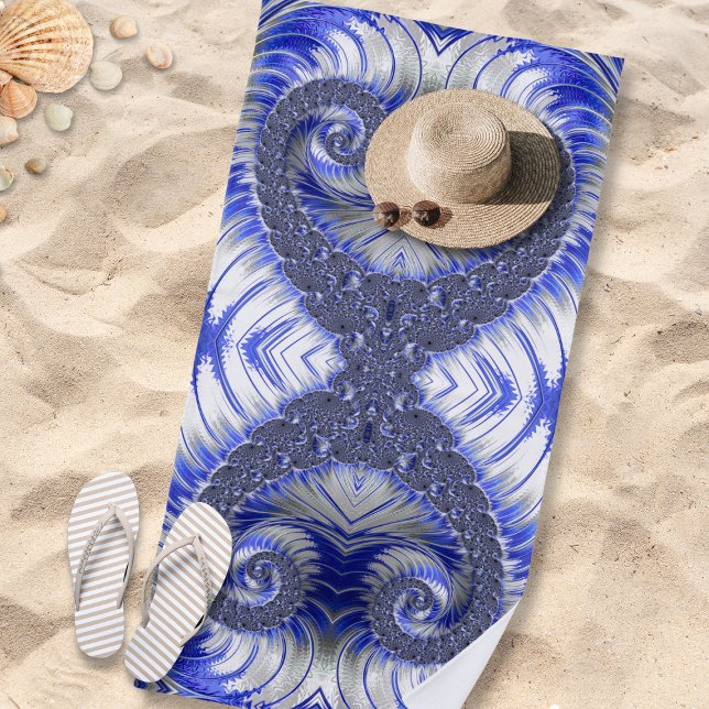 Serviette De Plage Fractale Abstraite de la spirale bleue et blanche (Créateur téléchargé)