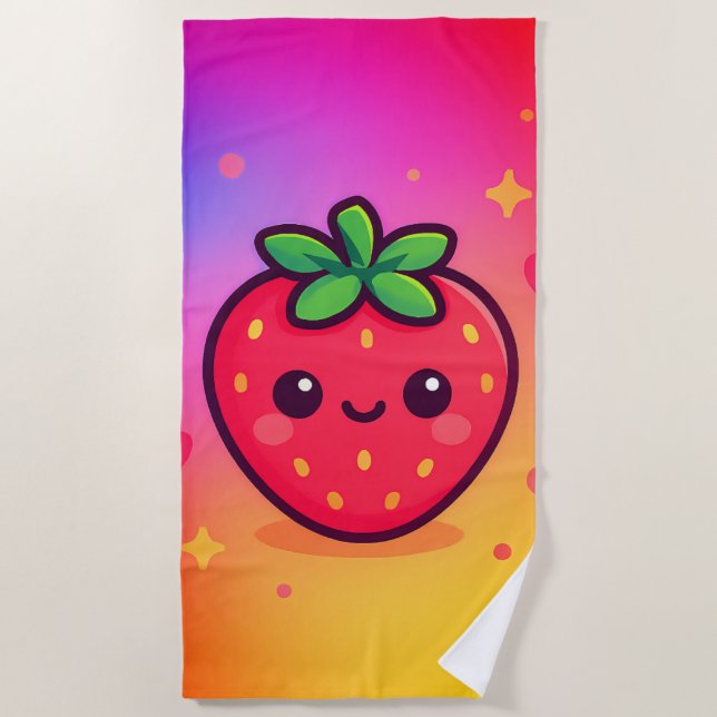Serviette De Plage Fraise Kawaii souriante sur Pastel Gradient Backg (Devant)
