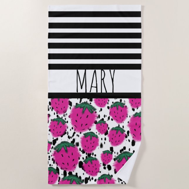 Serviette De Plage Fraises Abstraites Rayures Noires d'Été (Devant)