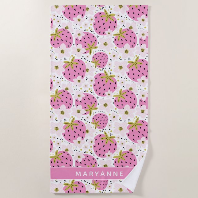 Serviette De Plage Fraises roses Nom personnalisé (Devant)