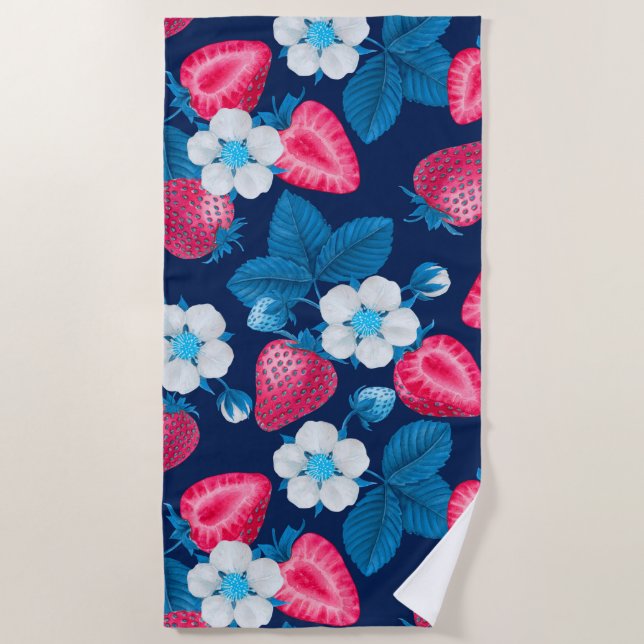 Serviette De Plage Fraises roses sur bleu (Devant)