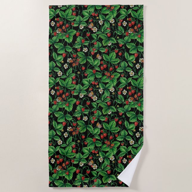 Serviette De Plage Fraises sauvages sur le noir (Devant)