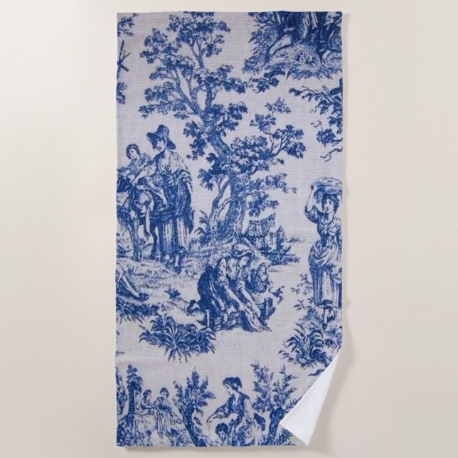 Serviette De Plage Française toile de jouy bleu et blanc élégant (Devant)
