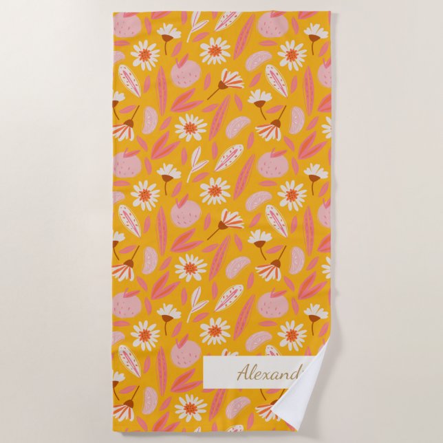 Serviette De Plage Fruits botaniques abstraits Moderne Boho Jaune Nom (Devant)