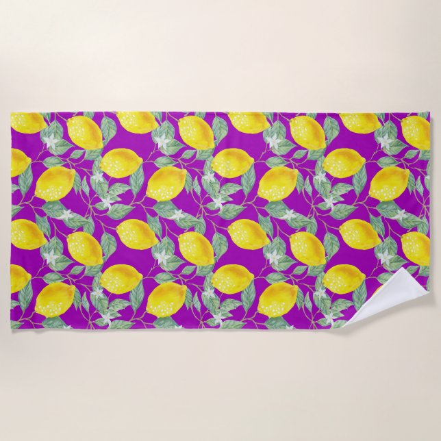 SERVIETTE DE PLAGE FRUITS DE CITRON SUR FOND VIOLET (Devant)