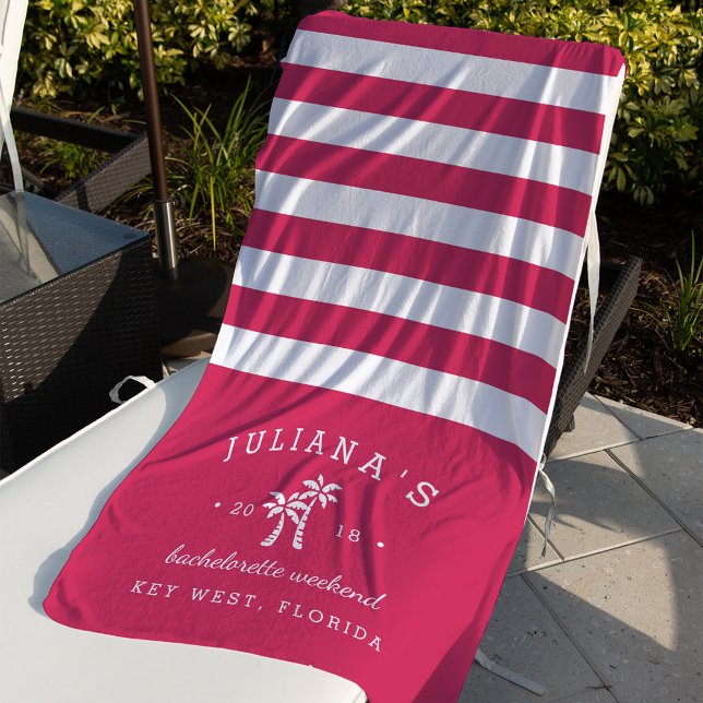 Serviette De Plage Fuchsia Stripe Week-end Bachelorette personnalisée (Créateur téléchargé)