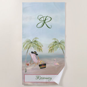 Serviette De Plage Fun Beach Scène Glam Palm Tree Monogramme Nom