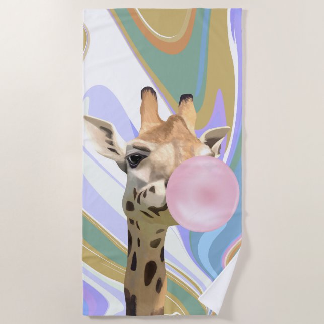 Serviette De Plage Fun Bubblegum soufflant Giraffe Liquide Swirl Bleu (Devant)