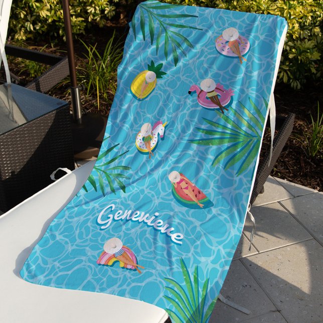 Serviette De Plage Fun Nom personnalisé Tropical Summer Pool Flottes (Fun Personalized Name Tropical Summer Pool Floats Beach Towel)
