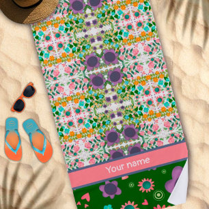 Serviette De Plage Fun Purple Floral Nom personnalisé Motif tendance