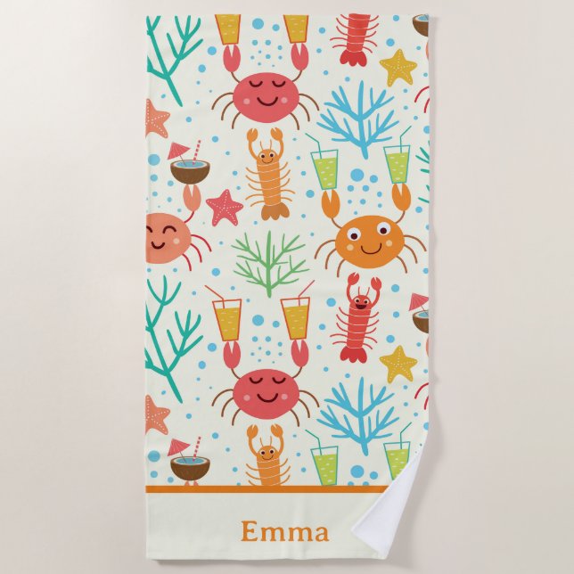 Serviette De Plage Funny Kawaii Homards et Crabes Enfants personnalis (Devant)