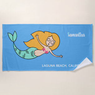 Serviette De Plage Funny Mermaid nom, emplacement et couleur personna