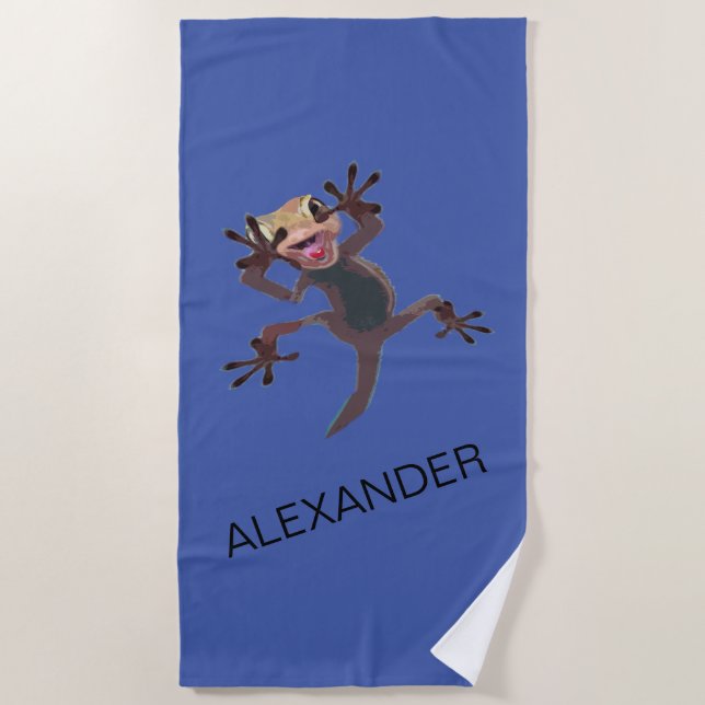Serviette De Plage Funny Startled Gecko Lizard Blue Nom Personnalisé (Devant)