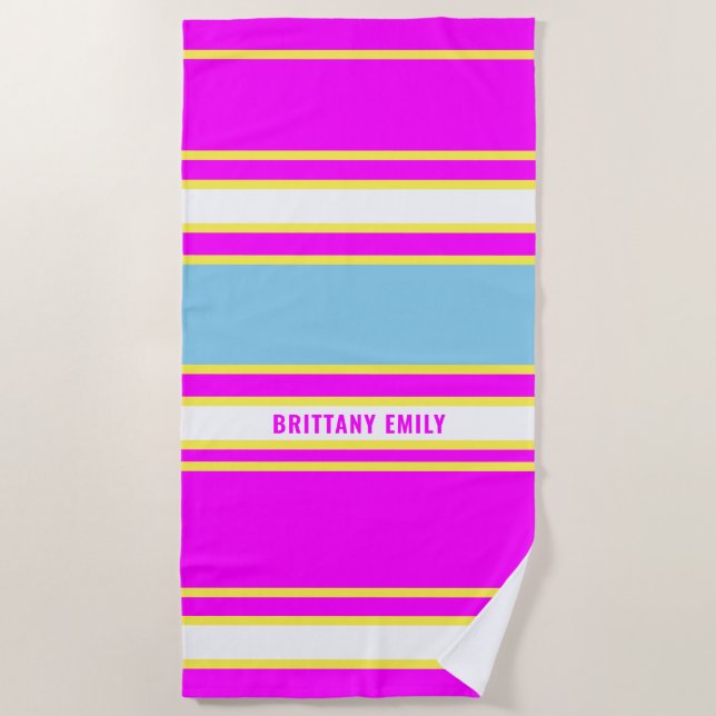 Serviette De Plage Fuschia Sky Blue Lemon Yellow Stripes Motif (Devant)