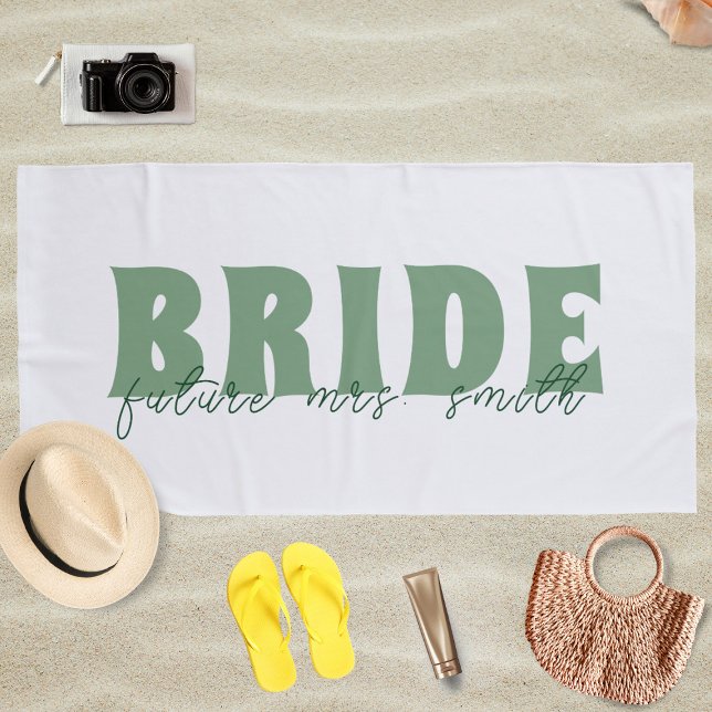 Serviette De Plage Futur de la mariée Nom personnalisé Blanc et vert (Créateur téléchargé)