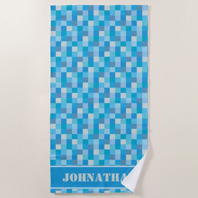 Serviette De Plage Gamer bleu de motif de Pixelated | personnalisé (Devant)