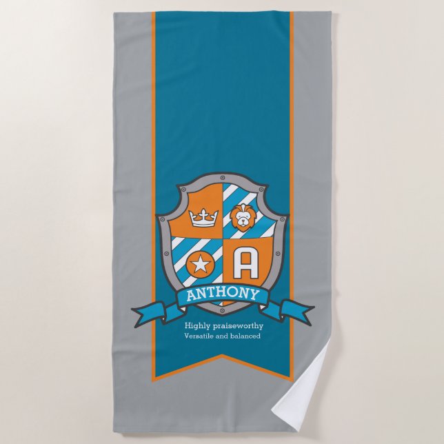 Serviette De Plage Garçons bouclier gris Anthony lettre Un nom servie (Devant)