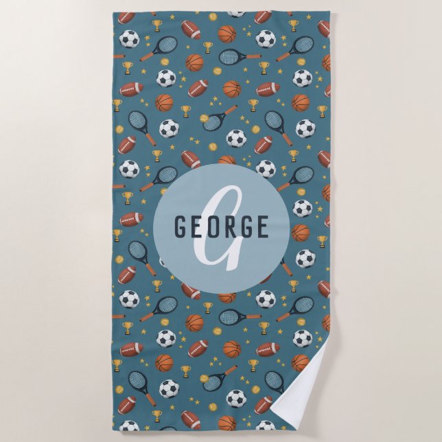 Serviette De Plage Garçons Cute Blue Sports Monogrammes Enfants (Devant)