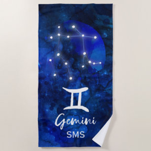 Serviette De Plage Gemini Zodiac Constellation Bleu Galaxie Monogramm