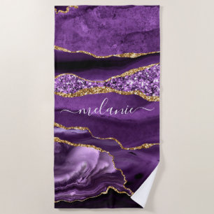 Serviette De Plage Géode Personnalisé Violet Pourpre Paillettes D'or 